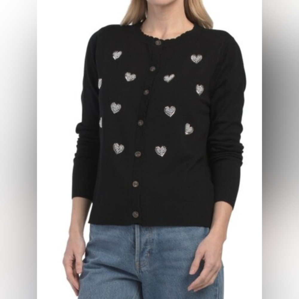 MILA Milano Women's NWT Black, Silver Heart Embellished Cardigan. Size S